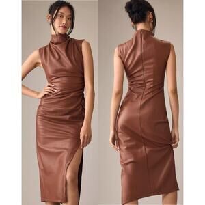 Anthropologie Faux Leather High-Neck Midi Dress in Brown
